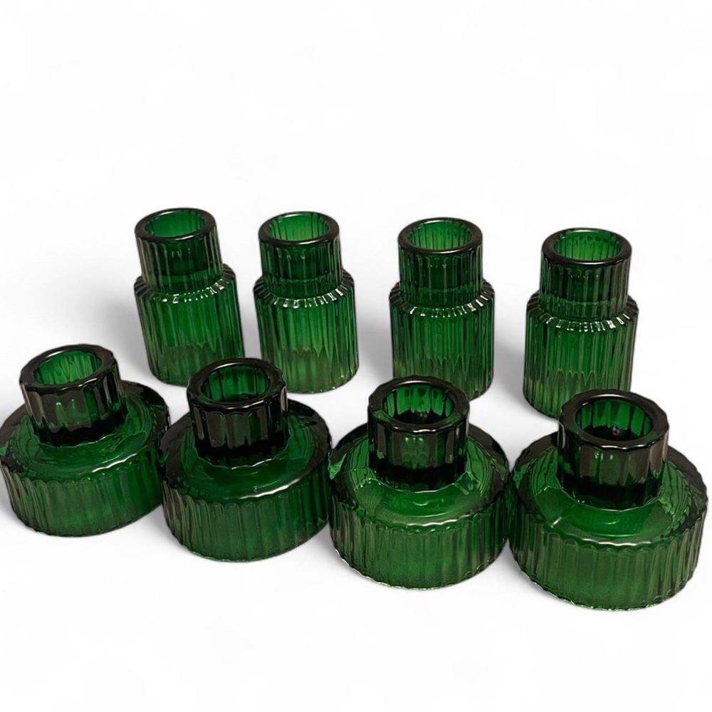Vintage Green Ribbed Glass Votive Candle Holders - Set of 8
